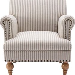 Wide Armchair Modern Linen Accent Chair Comfy Reading Chairs Upholstered Lounge Chair Single Sofa Couch for Bedroom/Living Room, Beige with Stripe, 30