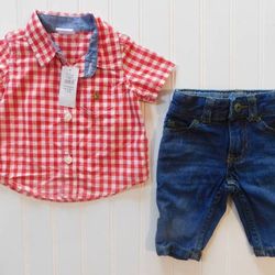 NWT Baby Gap Boy Red Check Shirt 0-3 Month Carters Carpenter Jeans