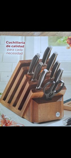 JUEGO DE ORGANIZADOR DE MADERA Y  6 CUCHILLOS Y TIJERAS Y ACHA DE COCINA PRINCESS HOUSE 🌹🌷