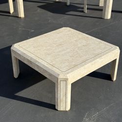 Vintage travertine stone coffee table with brass inlay