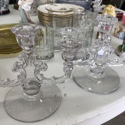 Vintage 3-Arm Crystal Glass Candle Holder (Pair)
