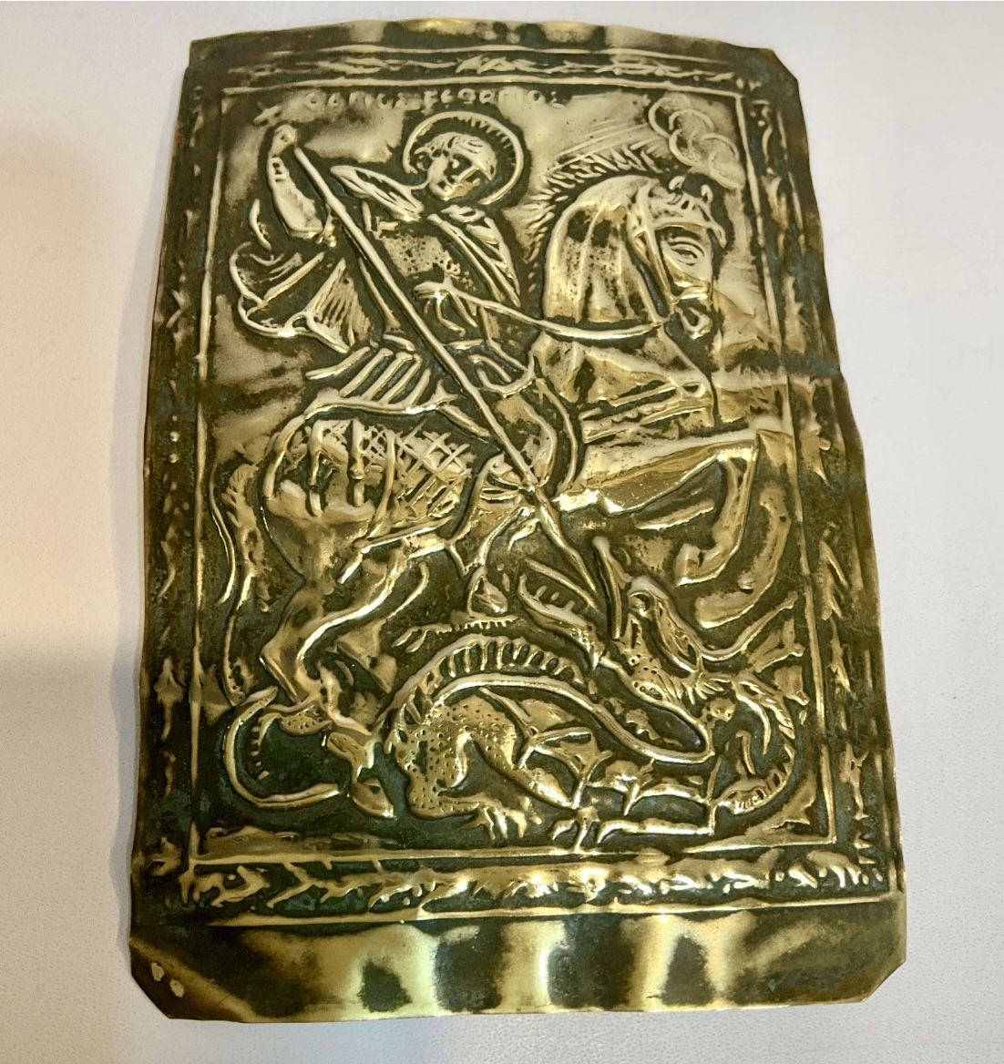 Antique Rare Brass 3.75” Plaque Picture Russia St. George & The Dragon