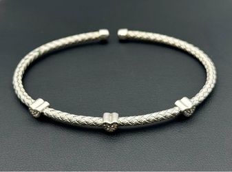 Jewelry .925 Sterling Silver twisted knot heart cuff white CZ stone 0.2CTW bracelet 7.00” 4.50mm 6.90g