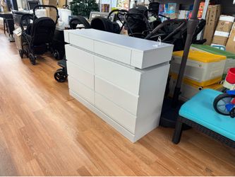 8-Drawer White Wooden Dresser With Charging Station & LED Lights