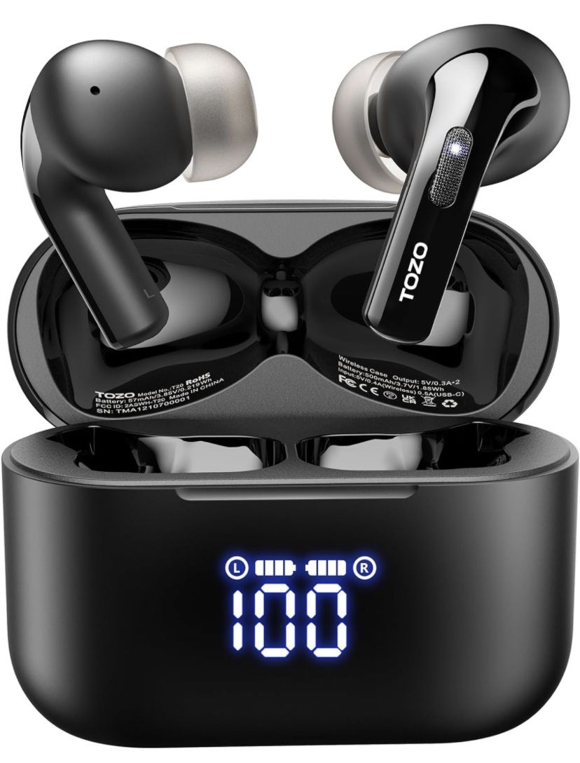 TOZO T20 Wireless Earbuds Bluetooth Headphones 48.5 Hrs Playtime with LED Digital Display, IPX8 Waterproof, Dual Mic Call Noise Cancelling 10mm Broad 