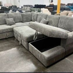✅️✅️4 pc Grey  corduroy fabric sectional sofa with storage chaise and love seat and pop up sleep area in center USB charging✅️✅️