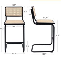 24.3" Rattan Counter Stools Set of 2, Counter Height Bar Stools, Mid Century Modern Bar Stool with Cane Backrest & Seat, Armless Bar Chairs with Metal