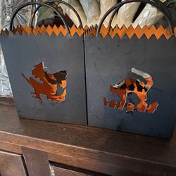 Four Black Metal Halloween Fall Witch and Black Cat Candle Luminaries