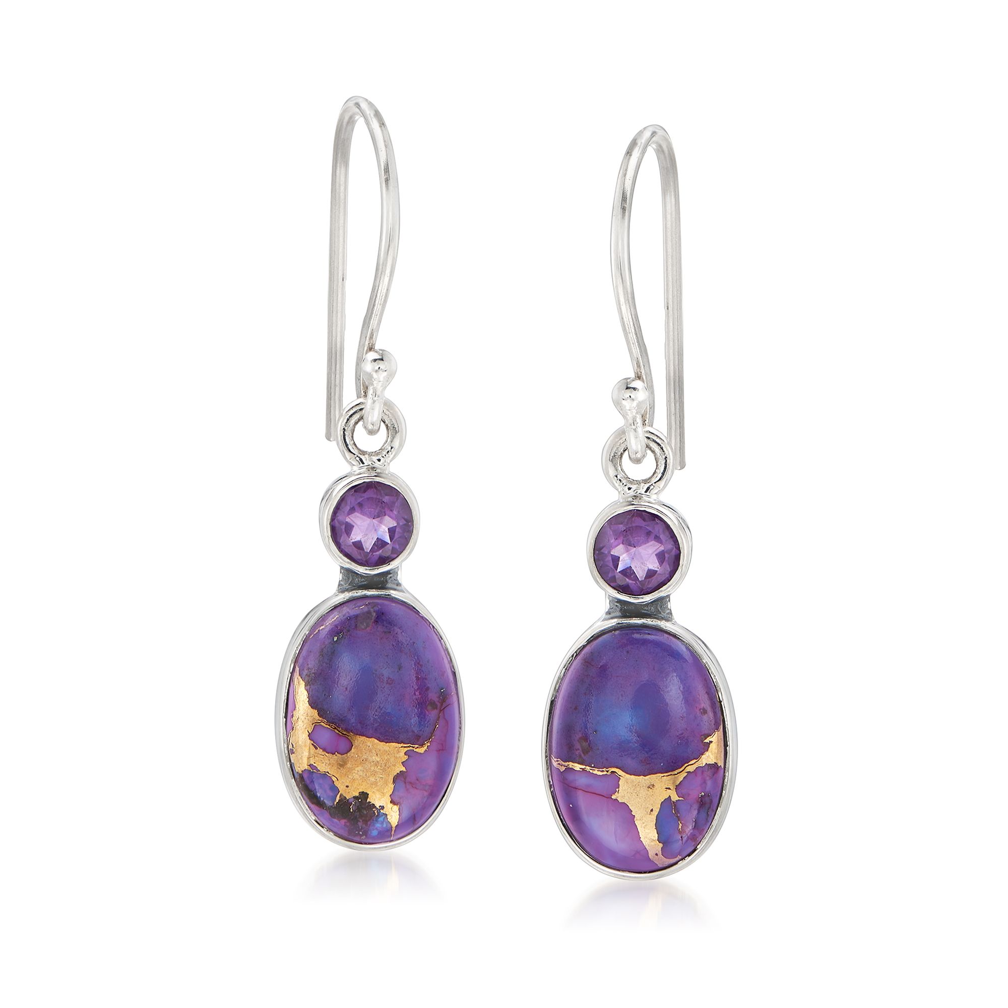 Ross-Simons Purple Kingman Turquoise and Amethyst Drop Earrings in Sterling Silver