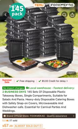 145-Pack Black Plastic Hinged Takeaway Containers