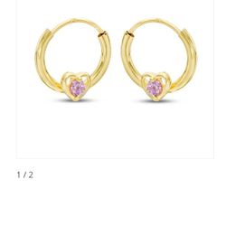 14k Gold Hoop Earrings With Pink Heart-children's 