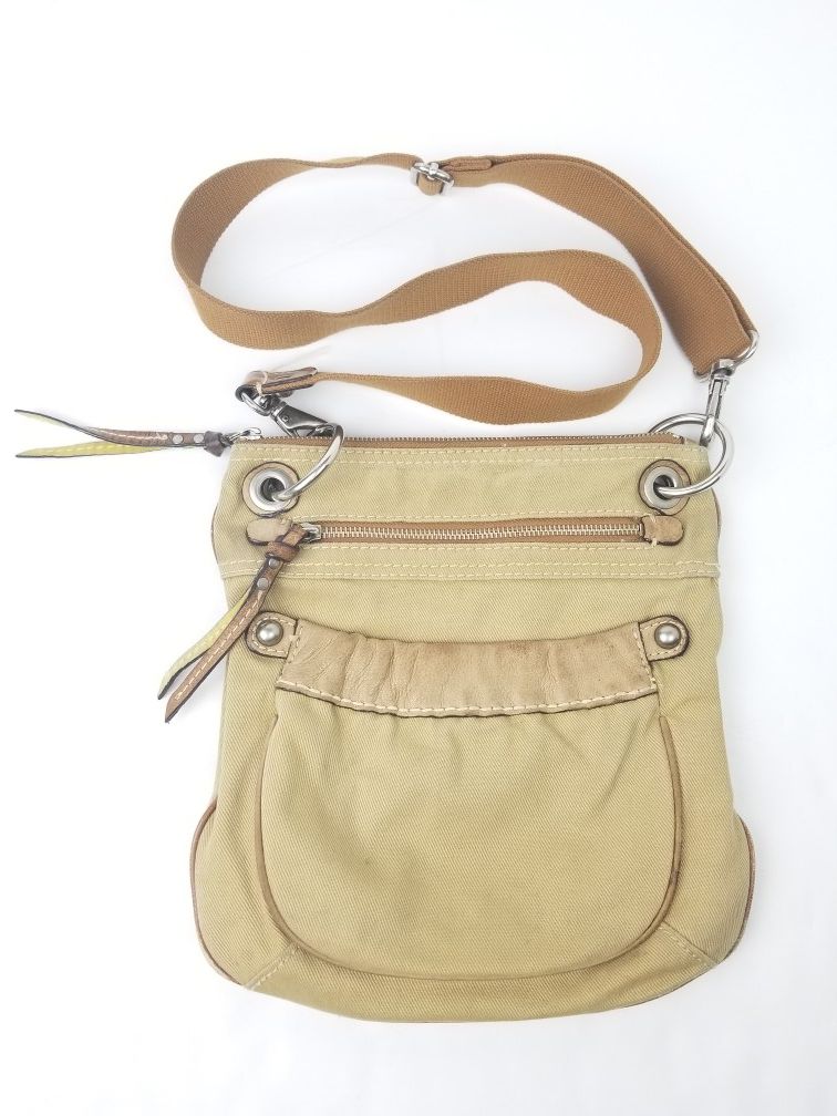 Fossil retro leather and canvas crossbody shoulder bag!