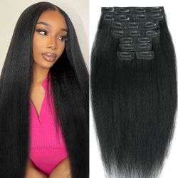 16 Kinky Straight Clip-Ins – 100% Real Human Hair, 8pcs, Natural Black!