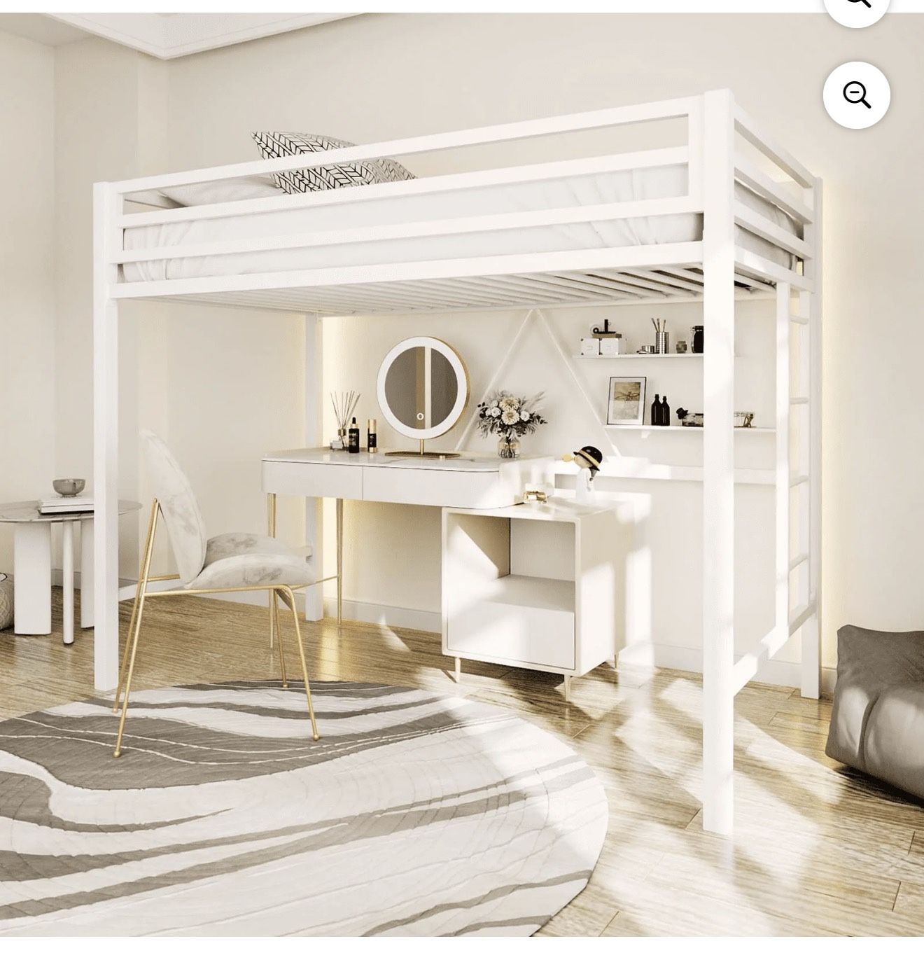 Einfach Metal Twin Size Loft Bed with Removable Ladder & Full-Length Guardrail, White