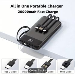 20000mAh Portable Power Bank w/ Built-In Cables – Fast Charging, Multi-Device