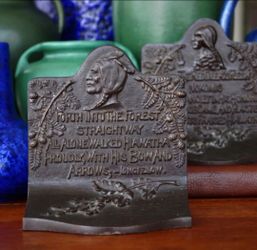 Vintage Heavy Native American Bronze Bookends Longfellow Poem Relief Native