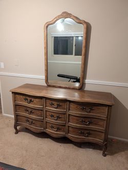 Vintage Dixie Furniture "DuBarry" 9-Drawer Triple Dresser with Matching Mirror - Solid Wood