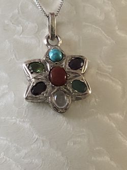 Necklace pendant sterling silver, custom made,7 real stone,Agate,Turquoise,Quartz,Emerald,Peridot,Garnet, Emethyst,18” chain