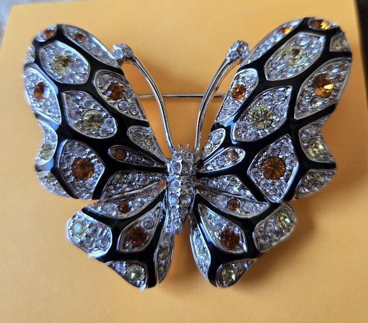 Nolan Miller Vintage Butterfly Silver/orange Rhinestone Brooch Pin