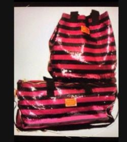 2 NEW Victoria’s Secret Pink Limited Edition Black Hot Pink Striped Duffle Gym Weekender Tote Bag Crossbody Carry On Luggage Suitcase Travel Vacation