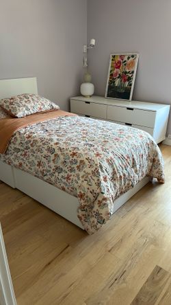 Twin Size storage bed with new mattress and dresser