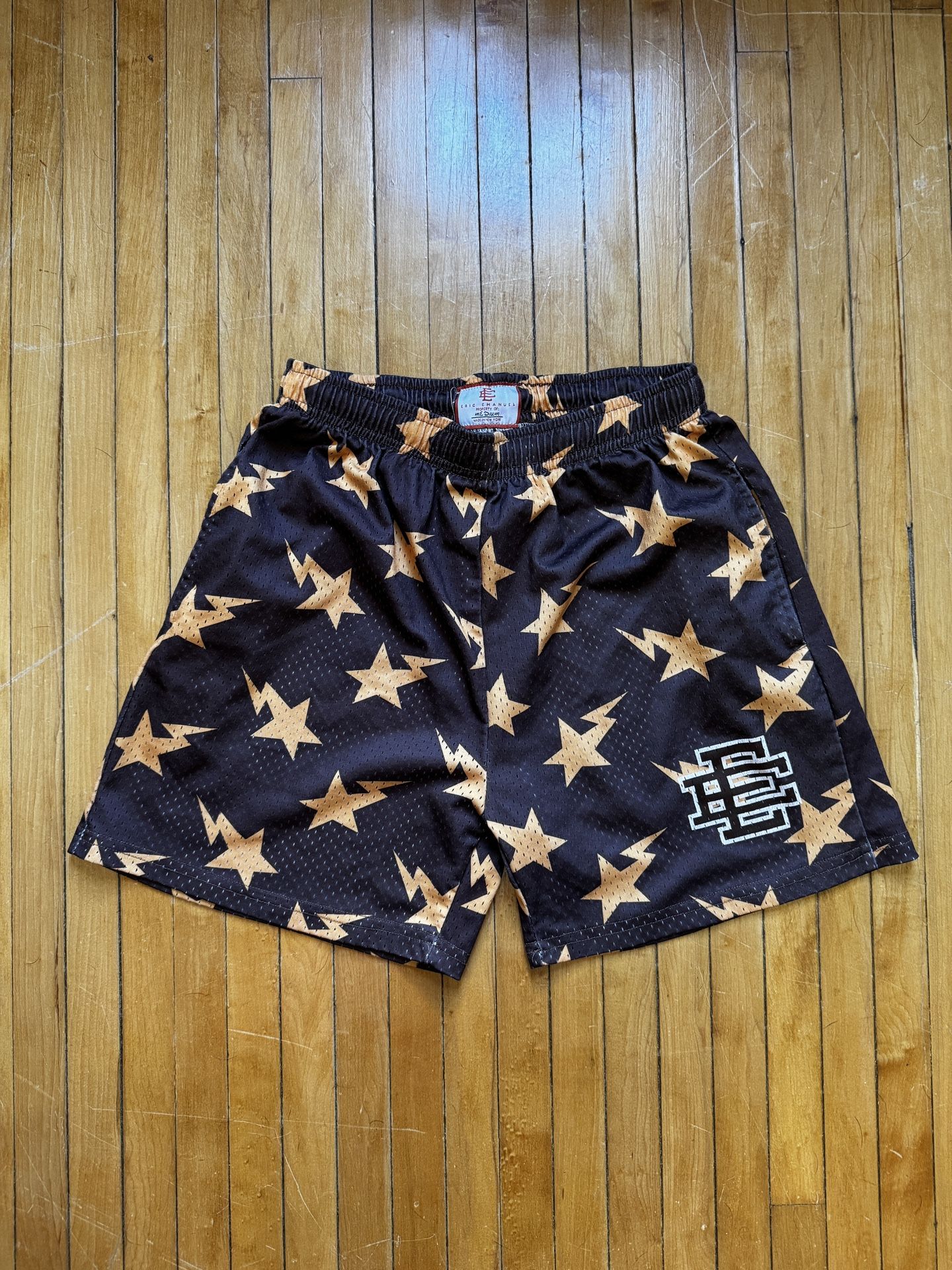 Eric Emanuel x BAPE Miami Basic Short Brown/Yellow Athletic Mesh Shorts Sz. M