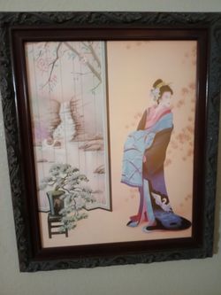 Framed Japanese Lady In Kimono Bonsai Tree