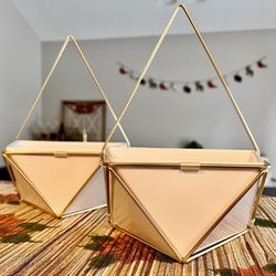 Two Succulent Wall Geometric Hangings - White/Gold