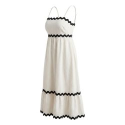 White w BLK Rickrack Sundress Smocked Back Tiered Boho Summer Dress Sz M ~ NWT, 