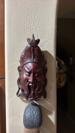 Hand-Carved Wooden Asian Warrior Mask
