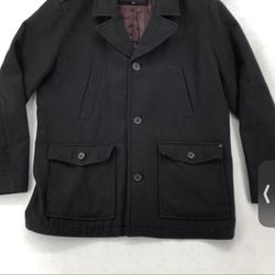 Guess Men’s Large Pea Coat With Hoodie And Red Lining