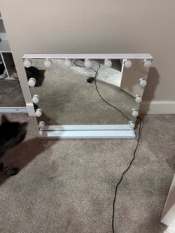 $70 Or BEST OFFER. price negotiable. 32 in x 6 in x 19 in large vanity mirror with bulbs 3 different settings: white, yellow & blue light. in perfect