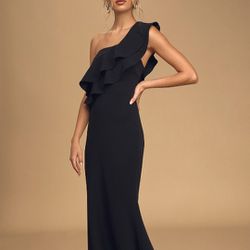 Women's Black Ruffled One-Shoulder Mermaid Maxi Dress