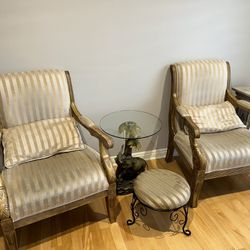 2 Accent Chairs - Antique Beige Real Wood - Free Small Chair 