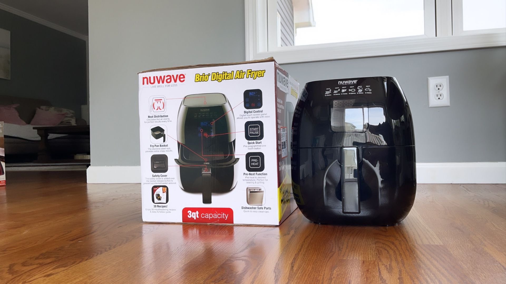 NuWave 36001 Brio Digital Air Fryer comes with manual and recipes included.
