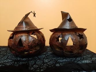 Brown metal pumpkin Votive~Jack o lantern pumpkin face. ~set of 2~height 8.5in