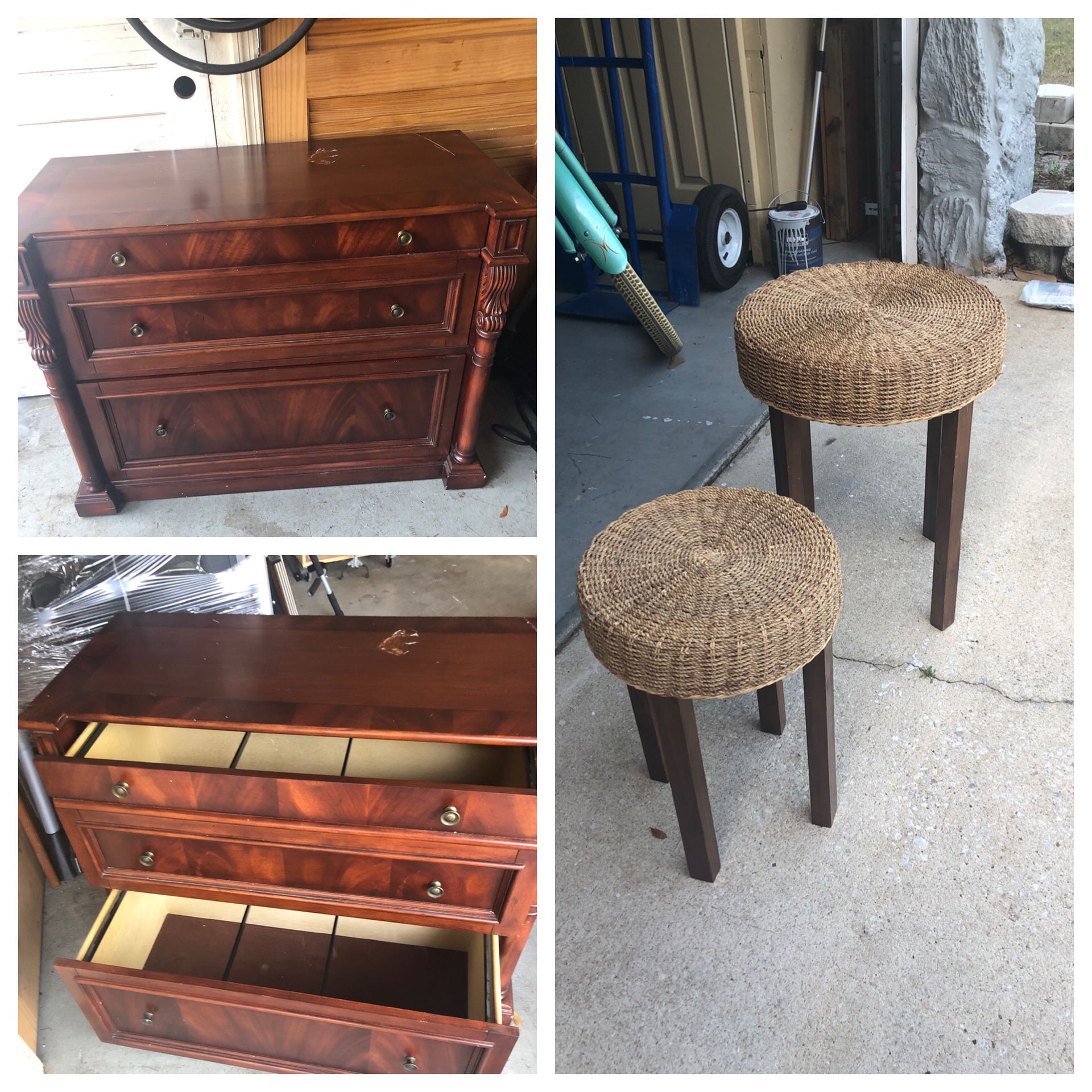 Broyhill solid wood filing cabinet and two end tables. Cabinet is1’8” wide 3’ long 31”high. End tables 16” round 21”high and 12” round and 18” high.