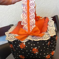 Cute Vintage Handmade Halloween Witches Cushioned Hand Basket/Decor