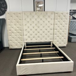 Ivory Wall Panel Velvet Queen Bed Frame