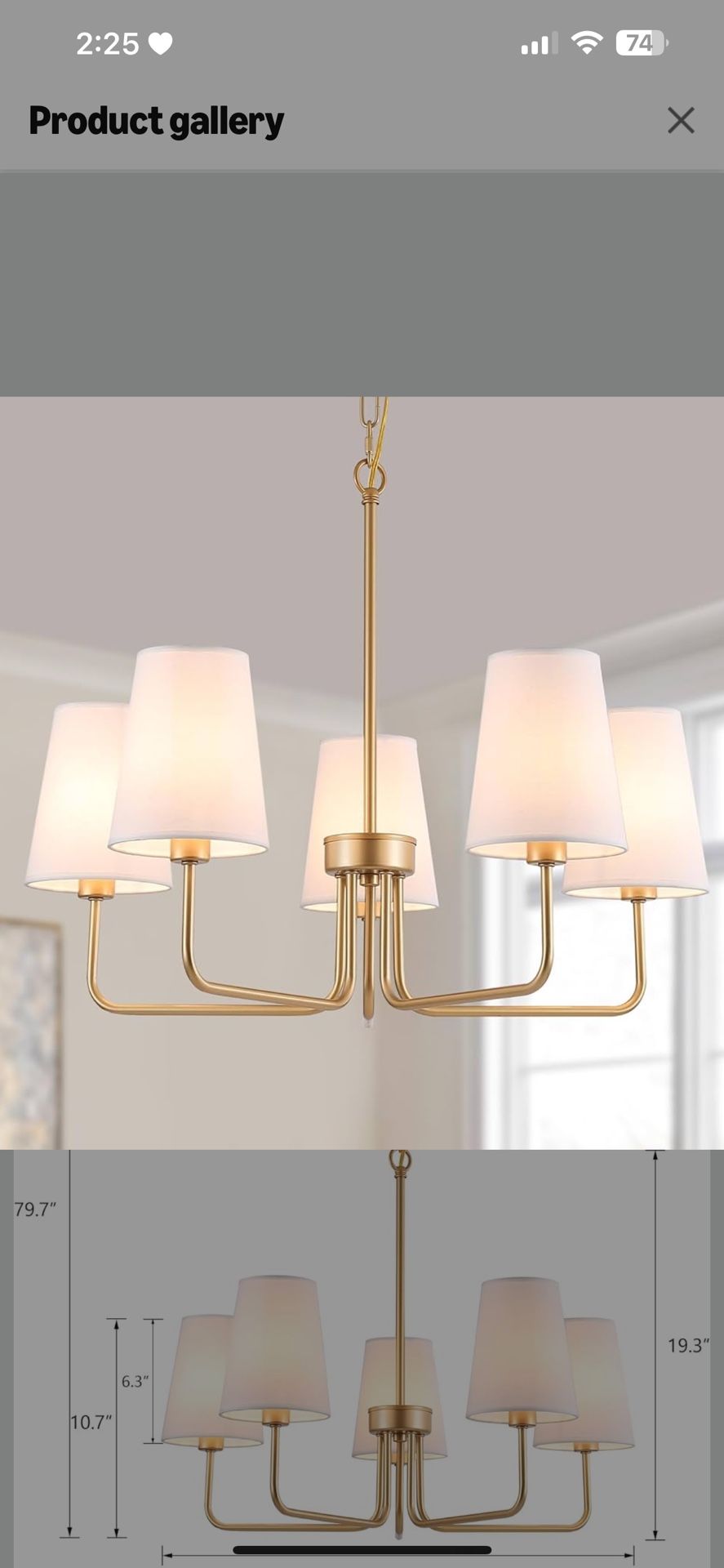 Farmhouse Chandelier, 5-Lights Visual Comfort Gold Light, Muted Gold with White Fabric Shade, Linear Island Lighting Fixture for Kitchen, Dining Room