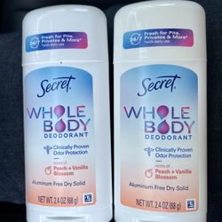 2 NEW Secret Whole Body Deodorants, Peach & Vanilla Blossom