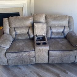 Two Seat Recliner With Charger Ports And Cup Holders 