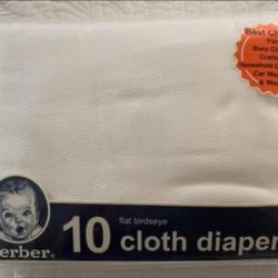 Pack of 10 Fabric baby  diapers, white cloth, Gerber brand.  New.