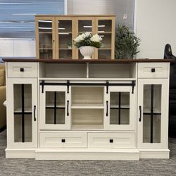 Fully Assembled✨59” TV Stand for up to 65” TVs — a stylish media console featuring sliding barn doors, open shelves, and ample storage spa