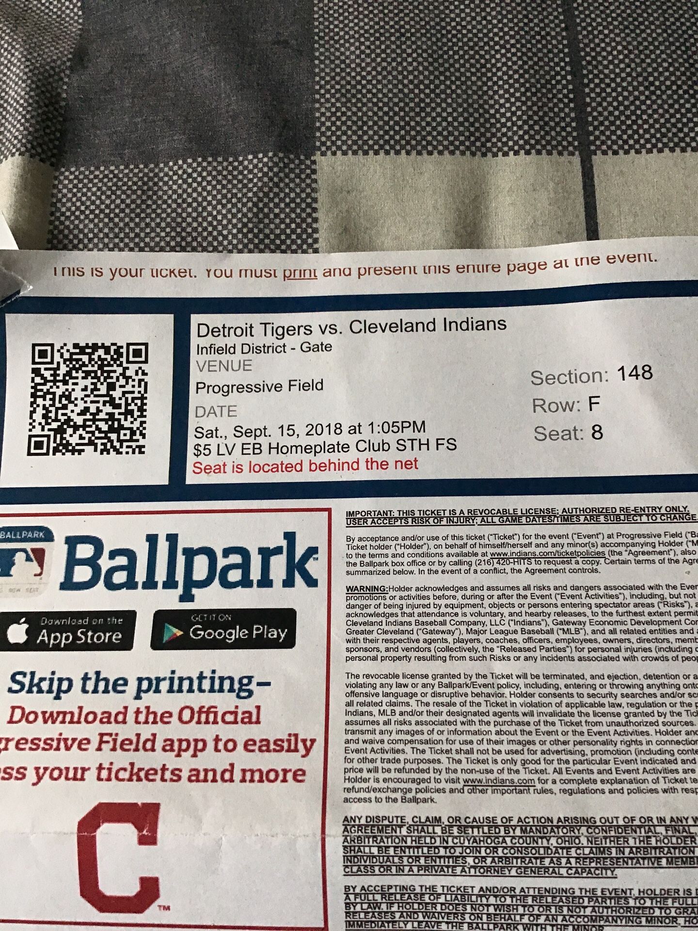 Detroit Tigers vs Cleveland Indians **HOME PLATE TICKETS** x2 tickets