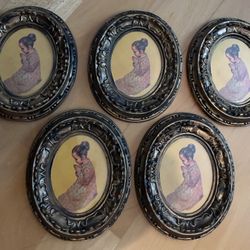 5 Picture Frames, Black/Gold Plastic, Ornate, 2 1/2”X3”.