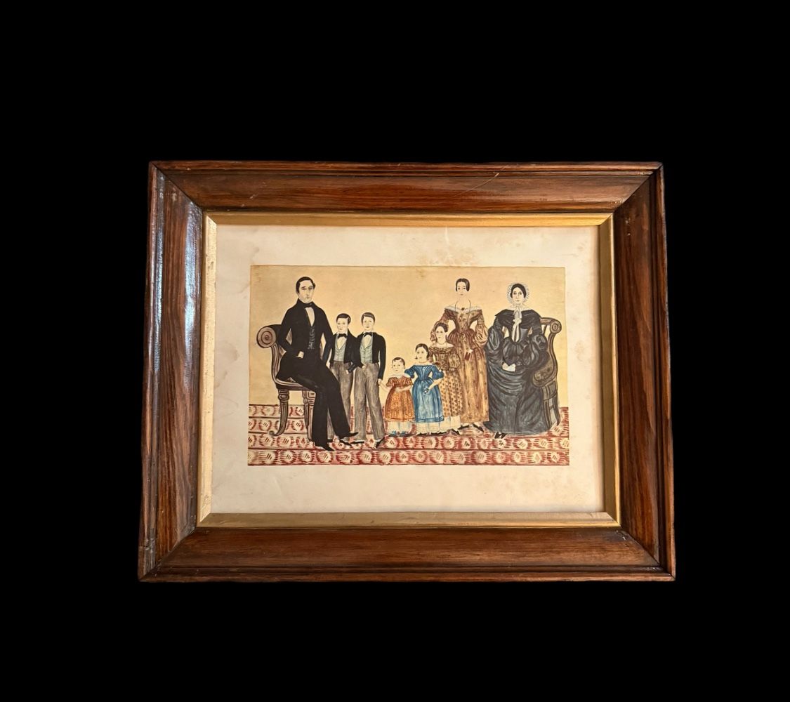 Vintage Framed Folk Art Print Family Group Lithograph Artist Unknown