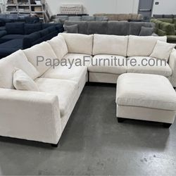 New! Cream Sectional Sofa And Ottoman, Sectionals, Sofa, Couch, Plush Sectional, High Back Couch, Sofas, Ivory Sectional, ivory Sofa, Grey Couch Dimen
