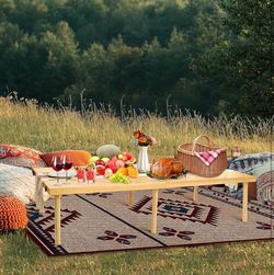 Folding Picnic Table with Table Runner, Portable Boho Low Picnic Table for Indoor Outdoor 6 people