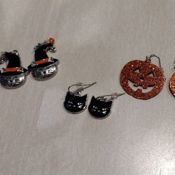 CAT AND PUMPKIN EARRINGS 3 PAIRS 